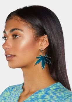 Rolita Rave Couture Iridescent Weed Leaf Earrings Jewelry