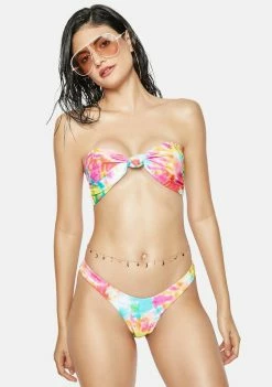 Now Cool The Pink Tie Dye Knot Bandeau Bikini Top Swim