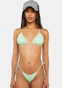 Now Cool Lime Wave Check Gathered Tie Bikini Bottoms