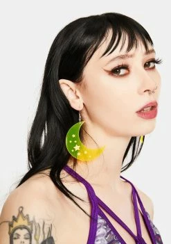 Rolita Rave Couture Florescent Yellow Star And Moon Earrings Jewelry