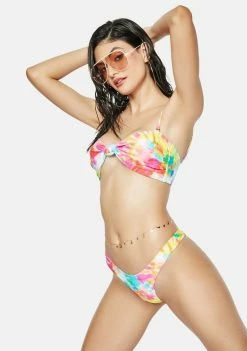Now Cool The Pink Tie Dye Knot Bandeau Bikini Top Swim