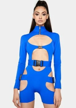 Lipt The Label Blue Buckle Long Sleeve Cut-Out Bodysuit Jumpsuits & Rompers