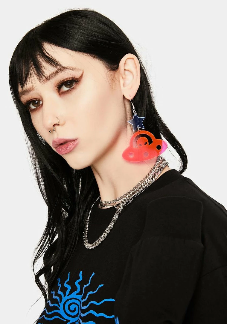 Outlet ???? Rolita Rave Couture Fluorescent Pink Spaceship Earrings Jewelry ⭐ 3 Rolita Rave Couture Fluorescent Pink Spaceship Earrings Jewelry