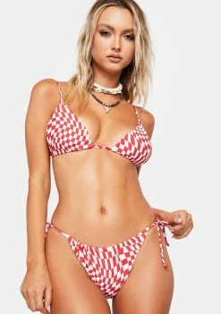 Now Cool Red Wave Check Gathered Tie Bikini Bottoms Swim