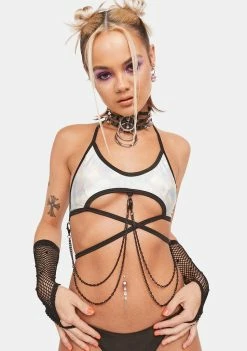 Rolita Rave Couture Holographic Friction Chain Top Tops