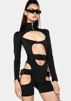Lipt The Label Buckle Long Sleeve Cut-Out Bodysuit Long Sleeve Rompers