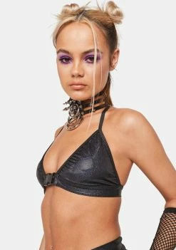 Rolita Rave Couture Black Sparkle Buckle Up Top Bra Tops