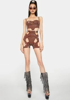 Lipt The Label Brown Morph Rhinestone Cut-Out Shorts