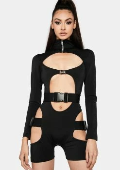 Lipt The Label Buckle Long Sleeve Cut-Out Bodysuit Long Sleeve Rompers