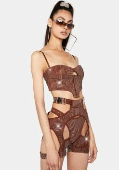 Lipt The Label Brown Morph Rhinestone Cut-Out Shorts