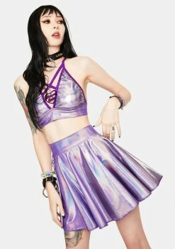 Rolita Rave Couture Bottoms Blackout Holographic Skater Skirt With Pockets