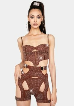 Lipt The Label Brown Morph Rhinestone Cut-Out Shorts
