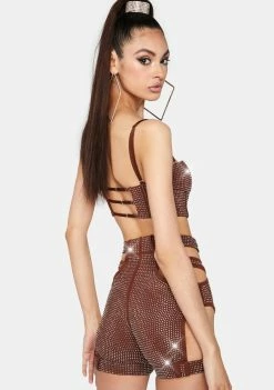 Lipt The Label Brown Morph Rhinestone Cut-Out Shorts