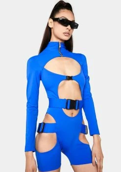 Lipt The Label Blue Buckle Long Sleeve Cut-Out Bodysuit Jumpsuits & Rompers