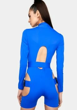 Lipt The Label Blue Buckle Long Sleeve Cut-Out Bodysuit Jumpsuits & Rompers