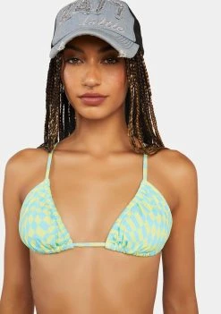 Now Cool Bikini Tops Lime Wave Check Gathered Tri Bikini Top